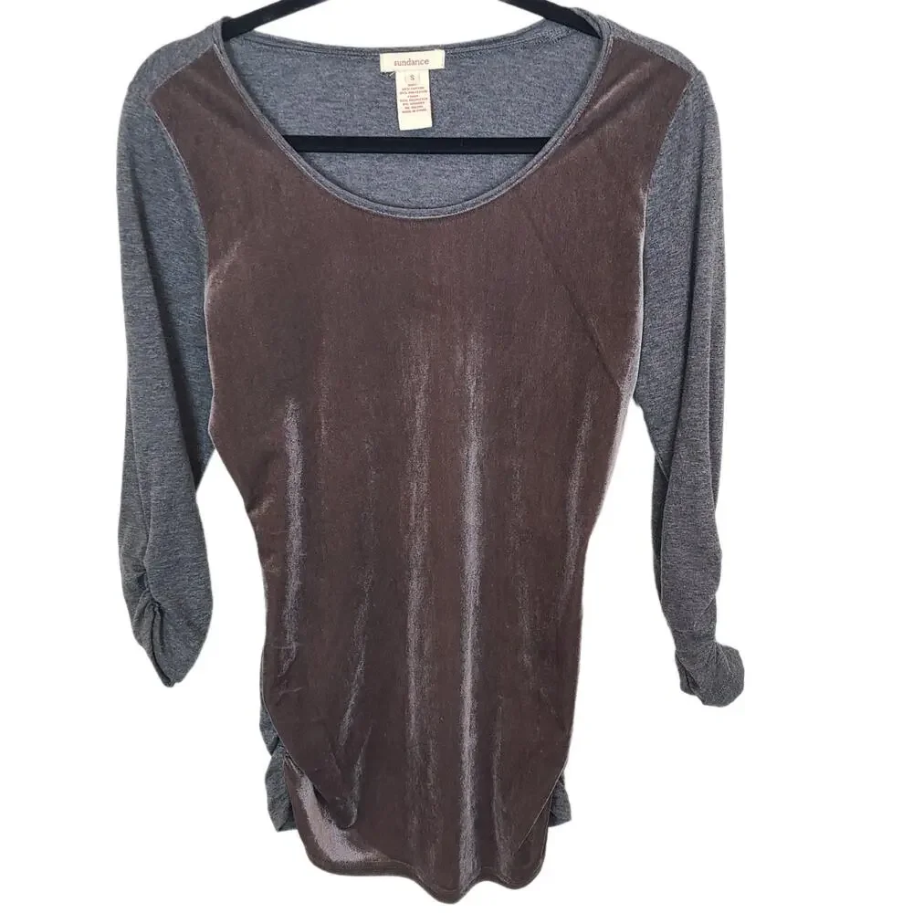 Sundance Womens Velvet Top Sz S Ruched Mixed Media Pullover Stretch Boho Hippie